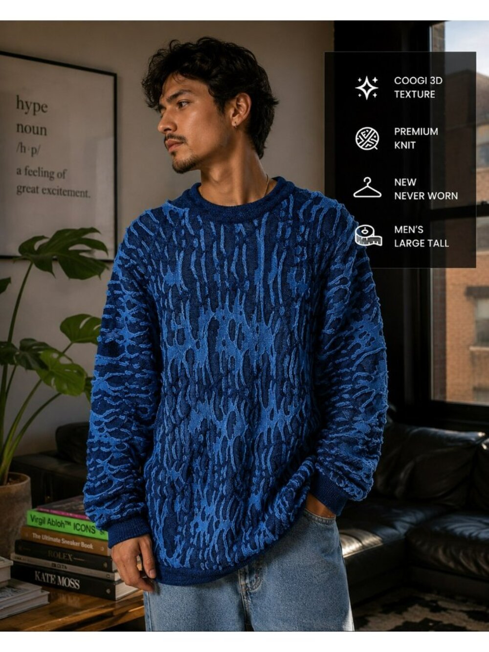 New Coogi 3D Vintage Blue Textured Sweater | Unisex Sweater or Sweater Dress | S